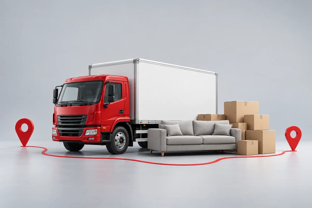 Red moving truck, sofa and boxes along a moving route.